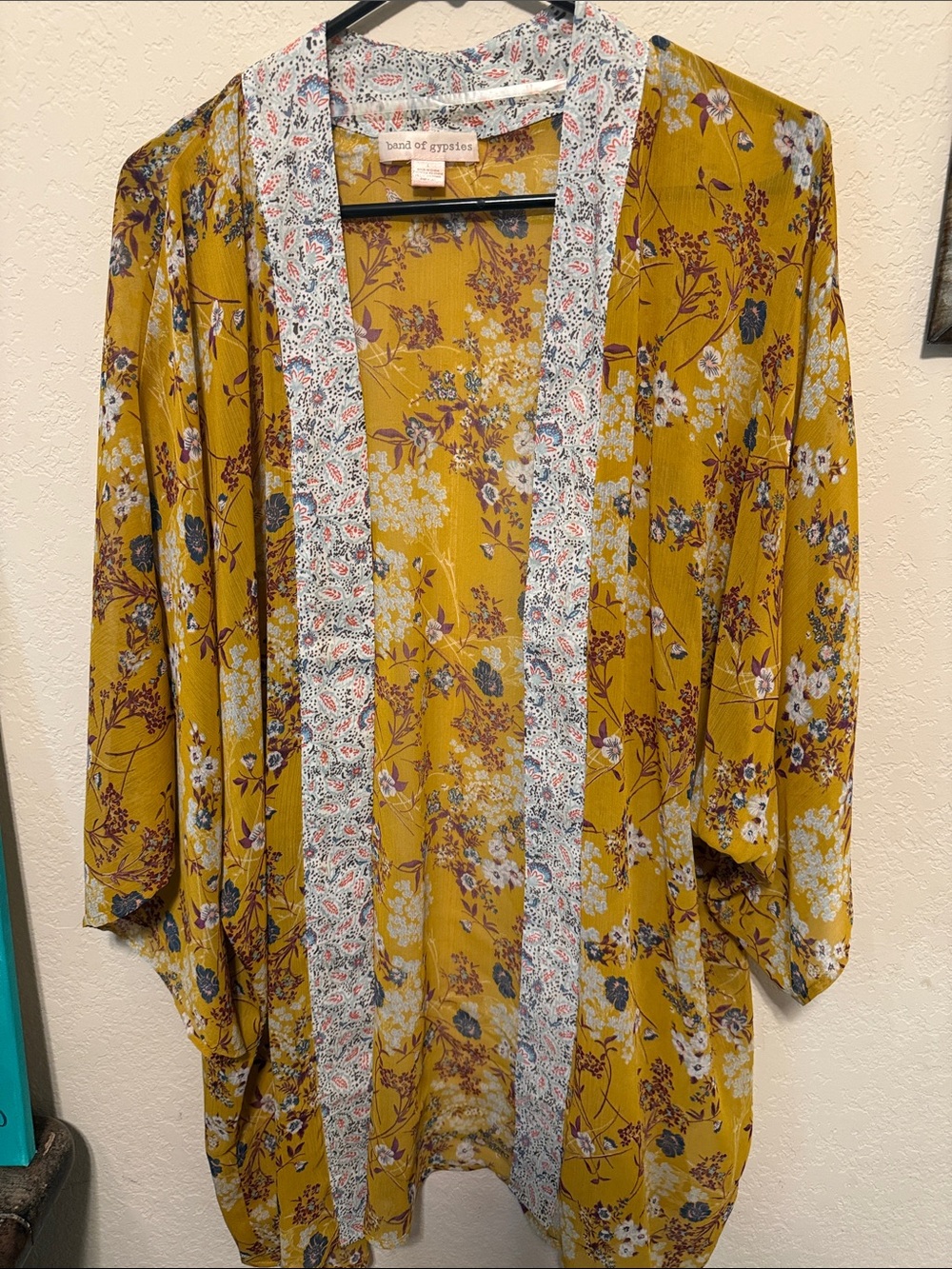 Band of Gypsies Mustard Yellow Floral Open Kimono Jacket